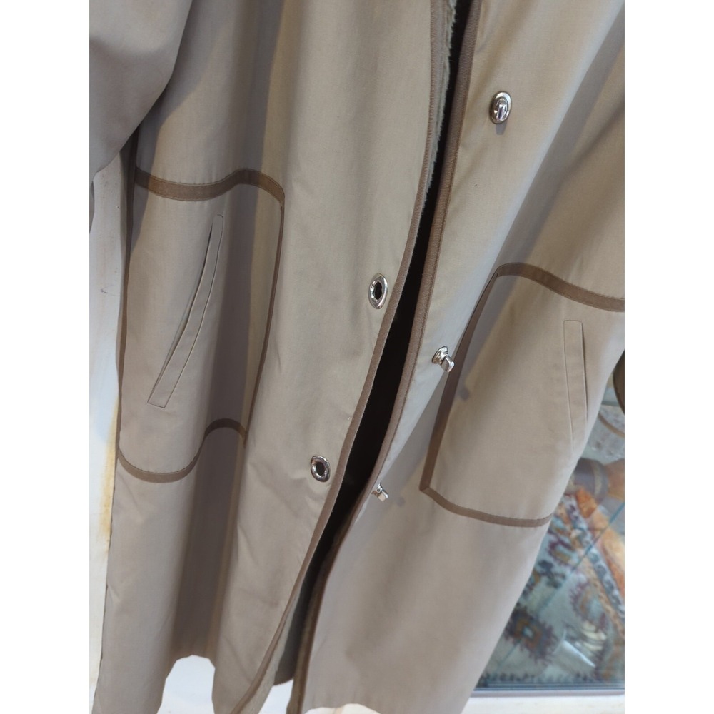 Vintage Orvis Canvas Sherpa Fur Trench Coat Jacket Long Womens 10 Brown Taupe - Picture 2 of 13